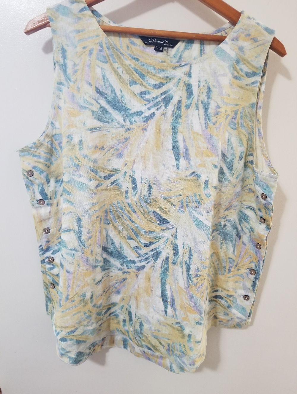 Charlie B Tropical Linen Blend Tank XL High Low Hem Relaxed Fit